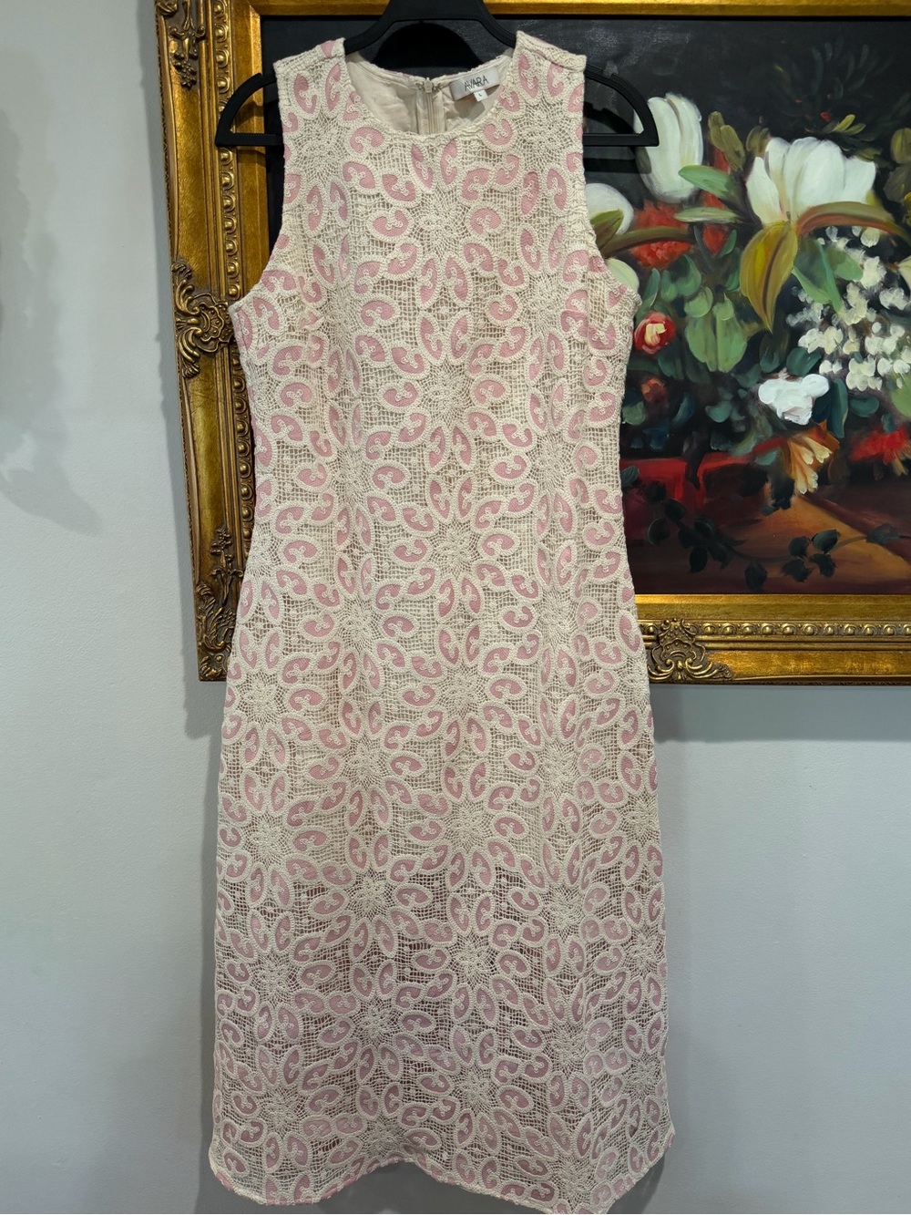 Sleeveless Pink Lace Overlay Sheath Dress